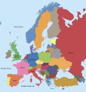 A map of Europe that shows the locations of Russia, Germany, Italy, France, Spain, the United Kingdom, Greece, the Mediterranean Sea, the Atlantic Ocean, and the Arctic Ocean. 