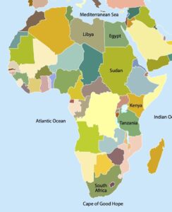 A map of the continent of Africa that shows the countries of Egypt, Libya, the Sudan, Nigeria, Kenya, Tanzania, South Africa and the bodies of water the Atlantic Ocean, the Mediterranean Sea, the Indian Ocean and the Cape of Good Hope.