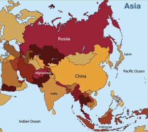 A map of the continent of Asia that shows the countries of Russia, China, India, Afghanistan, Japan, Indonesia, and Israel, as well as the Pacific and Indian Oceans. 