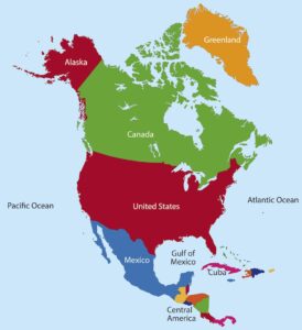 A map of the North American continent that shows the locations of Greenland, Canada, the United States and Central America