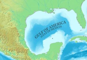 A map that shows the body of water between Florida and Mexico labeled as both the Gulf of America and the Gulf of Mexico.