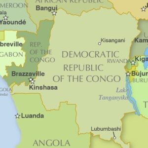 A 2025 map that shows a country called the Democratic Republic of Congo with a city called Kinshasa on its western edge. 