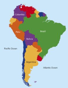 A map of the continent of South America that shows Brazil, Argentina, Colombia, Peru, Bolivia and the Atlantic and Pacific Oceans. 