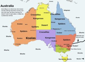 A funny map of Australia labeled with areas called spiders, kangaroos, koalas, sharks, snakes, crocodiles, ants, alcoholics and criminals. 