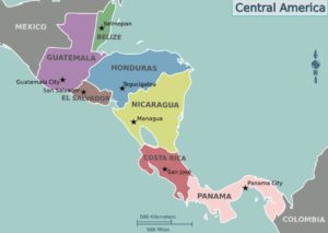A map of the countries of Central America, including Guatemala, Belize, El Salvador, Honduras, Nicaragua, Costa Rica and Panama. 