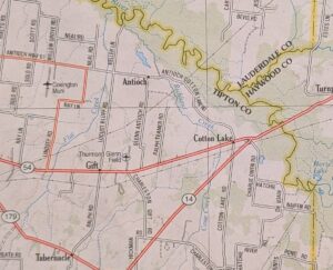 A map that shows the small community of Gift near the place where Tipton, Lauderdale and Haywood counties all meet.