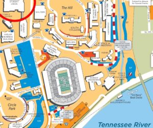 A map of the University of Tennessee campus that shows the Tennessee River, Neyland Stadium and surrounding buildings. 