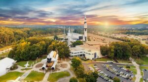 The Space and Rocket Center in Huntsville, Alabama -- shown at sunset.