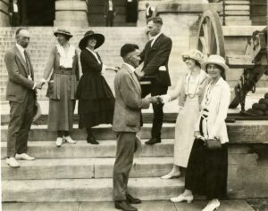 Suffrage activists thank members of the Tennessee General Assembly for voting yes on the Nineteeth Amendment. From left to right, Representative Banks Turner, Catherine Flanagan, Anita Pollitzer, Representative Harry Burn, Representative Thomas Simpson, Betty Gram and Sue Shelton White 