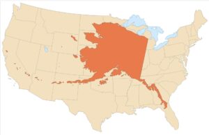 A map of the continental United States that shows the huge state of Alaska superimposed over it. 