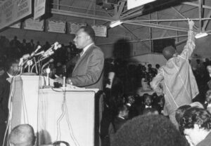 Dr. Martin Luther King stands at the podium before he made his, "I've been to the mountaintop" speech, the night before he was murdered in Memphis.