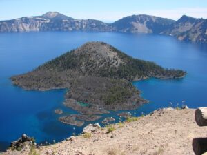 A beautiful island inside a lake that was actually created when a volcano collapsed.