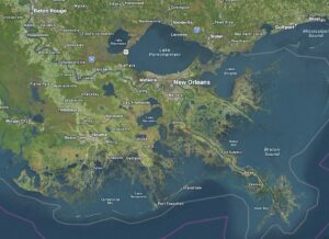A satellite image that shows the delta formed when the Mississippi River pours into the Gulf of Mexico in the state of Louisiana.