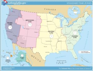 A map of the continental United States that shows the 4 time zones.